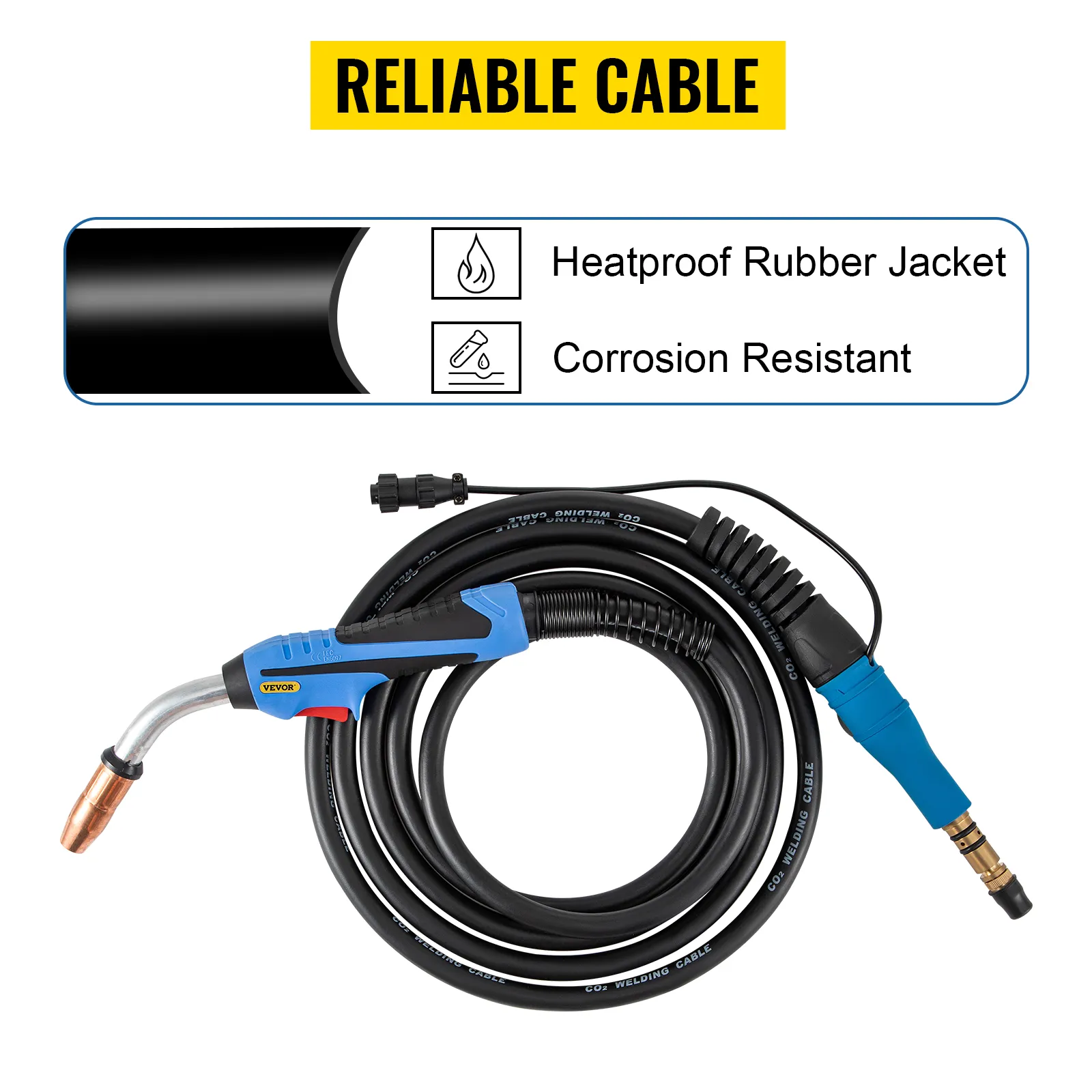 Pistola de soldadura MIG VEVOR con cubierta de goma resistente al calor y cable resistente a la corrosión.