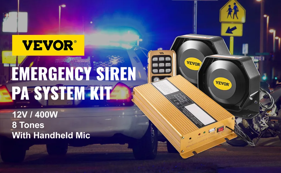 VEVOR car warning alarm system with dual speakers, control box, mic, and police lights.