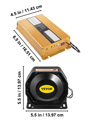 VEVOR car warning alarm system with dimensions labeled in inches and centimeters.