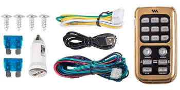 VEVOR car warning alarm system with control panel, cables, screws, fuses, and charger.