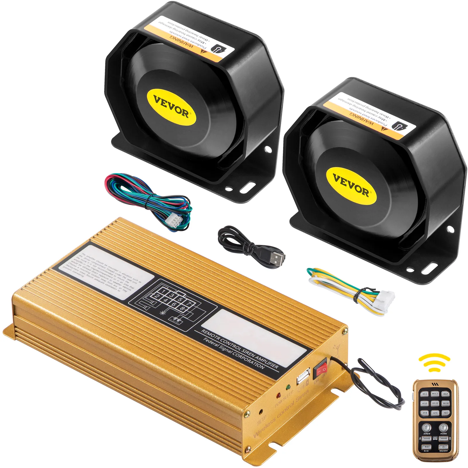 VEVOR car warning alarm system with two black alarms, golden control unit, and remote.