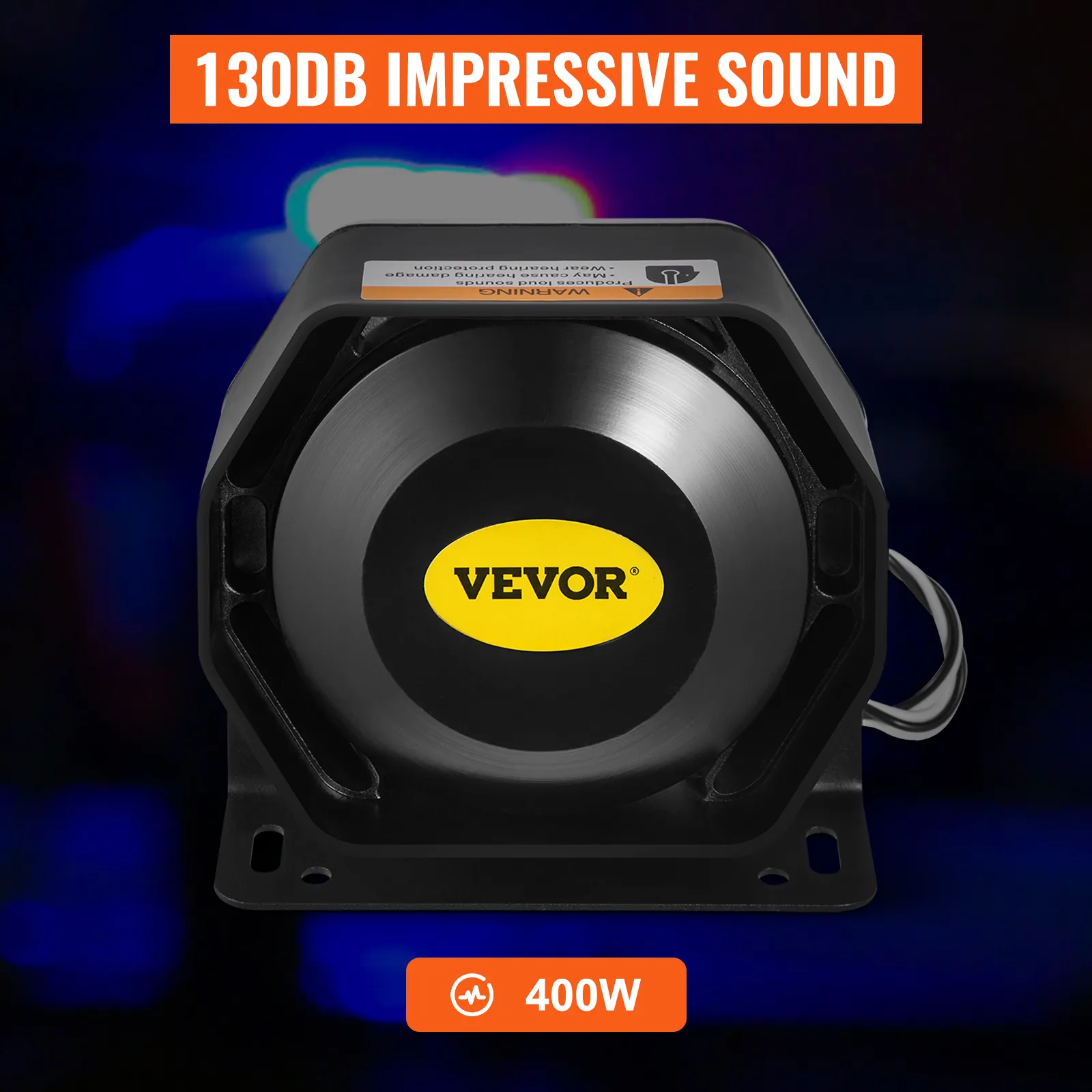 VEVOR car warning alarm system, 130db sound, 400w power with sleek black design.