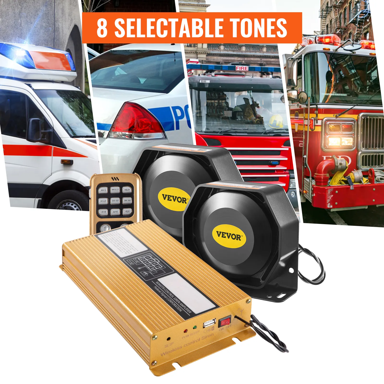 VEVOR car warning alarm system with 8 selectable tones for emergency vehicles.