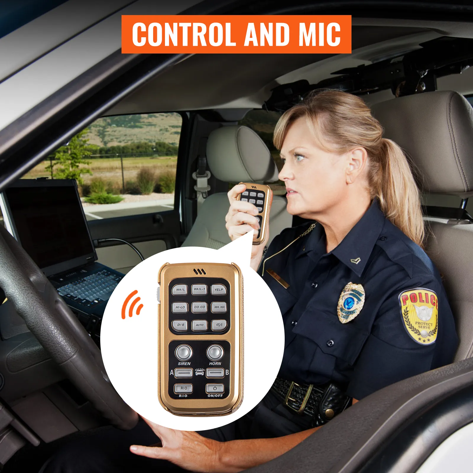 officer using VEVOR car warning alarm system with control and mic inside patrol vehicle.