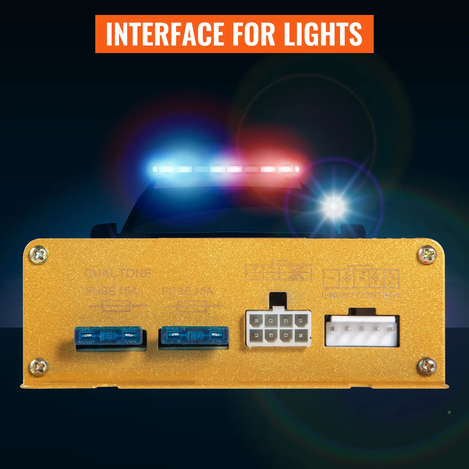 VEVOR car warning alarm system interface with connectors and police lights in background.