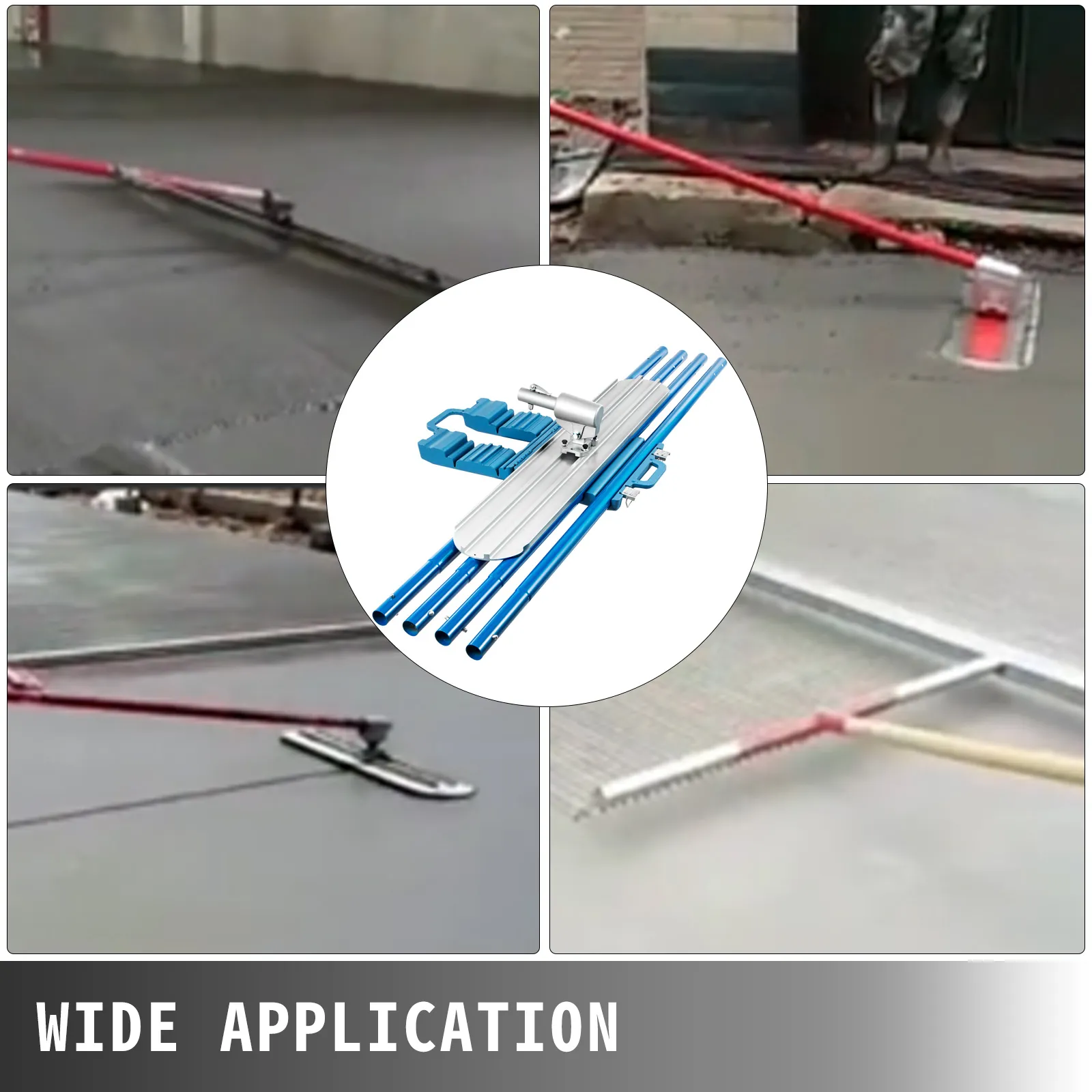 VEVOR bull float used for smoothing concrete surfaces with various attachments.