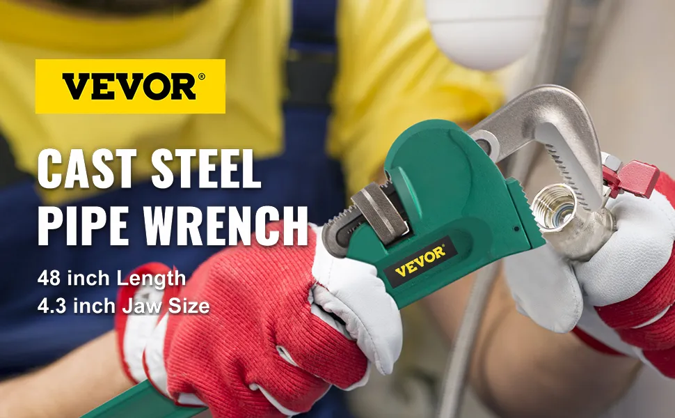 VEVOR pipe wrench in use, 48 inch length, 4.3 inch jaw size, green tool, red gloves.