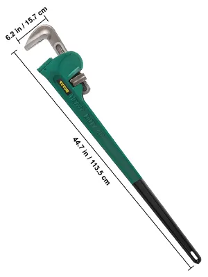 VEVOR pipe wrench with 44.7 in handle and 6.2 in jaw, green and black design.