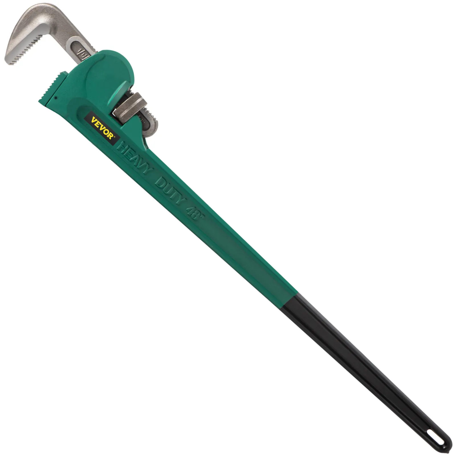 green VEVOR pipe wrench with black handle and silver adjustable jaw.