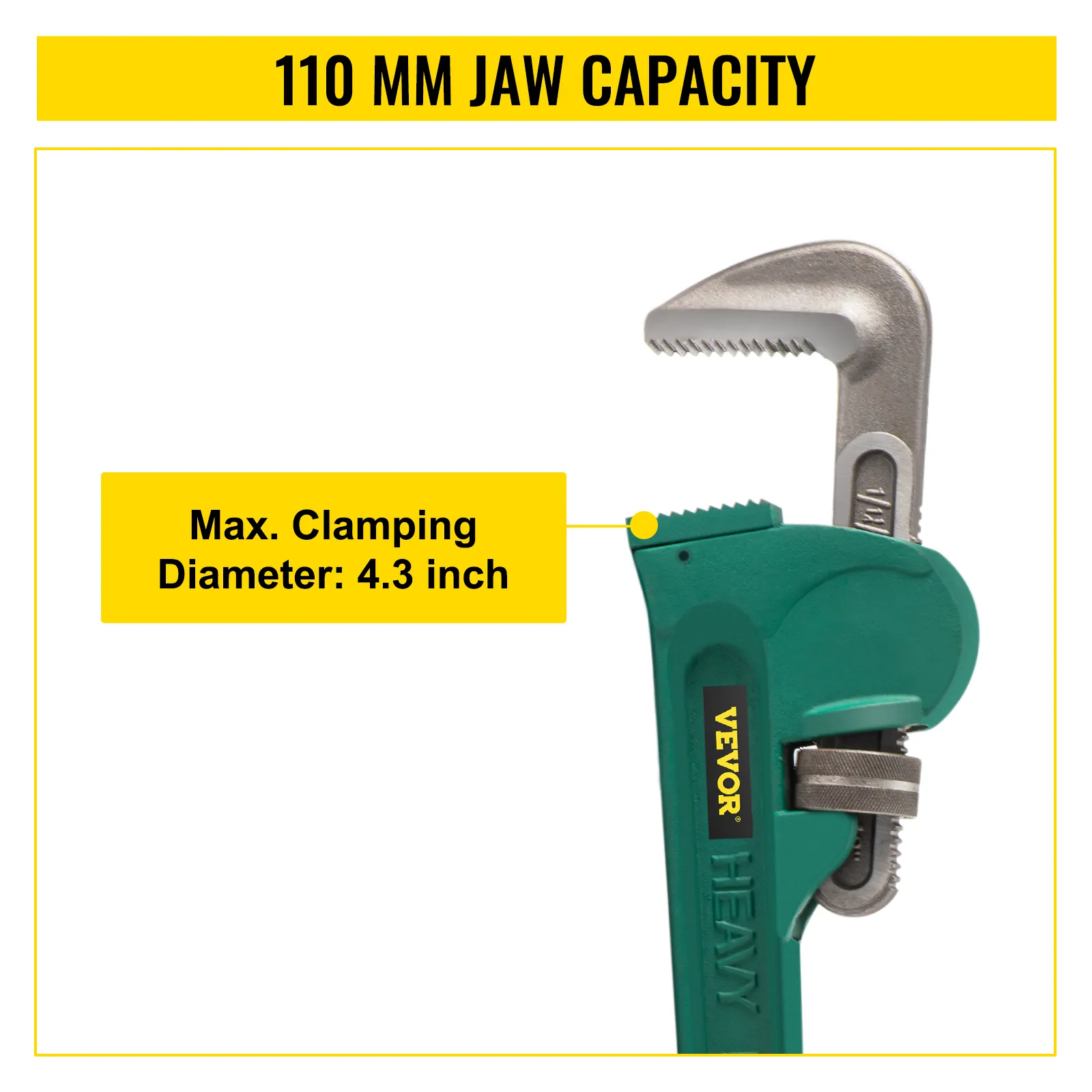 VEVOR pipe wrench with 110 mm jaw capacity and 4.3 inch max clamping diameter.