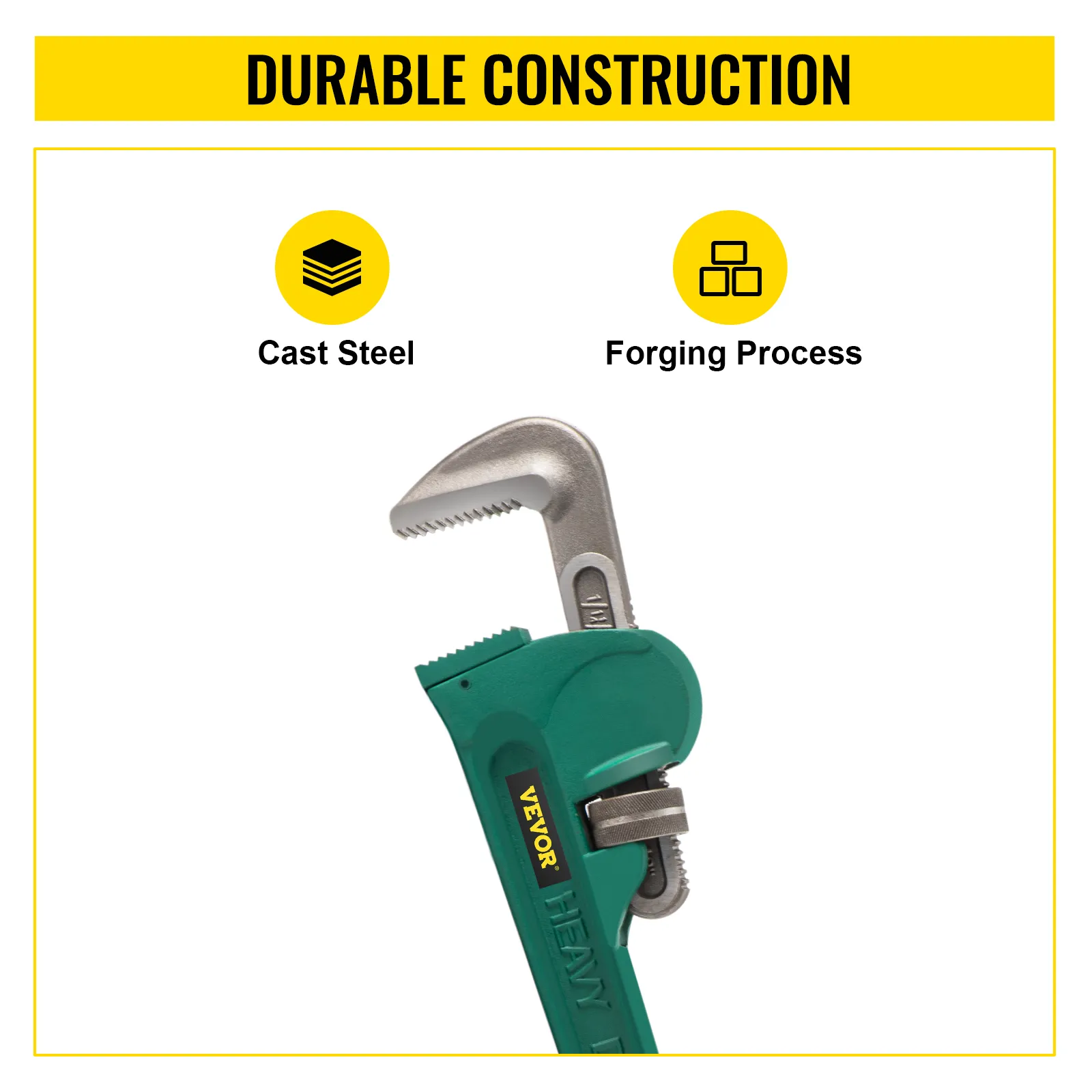 VEVOR pipe wrench - durable cast steel with forging process.