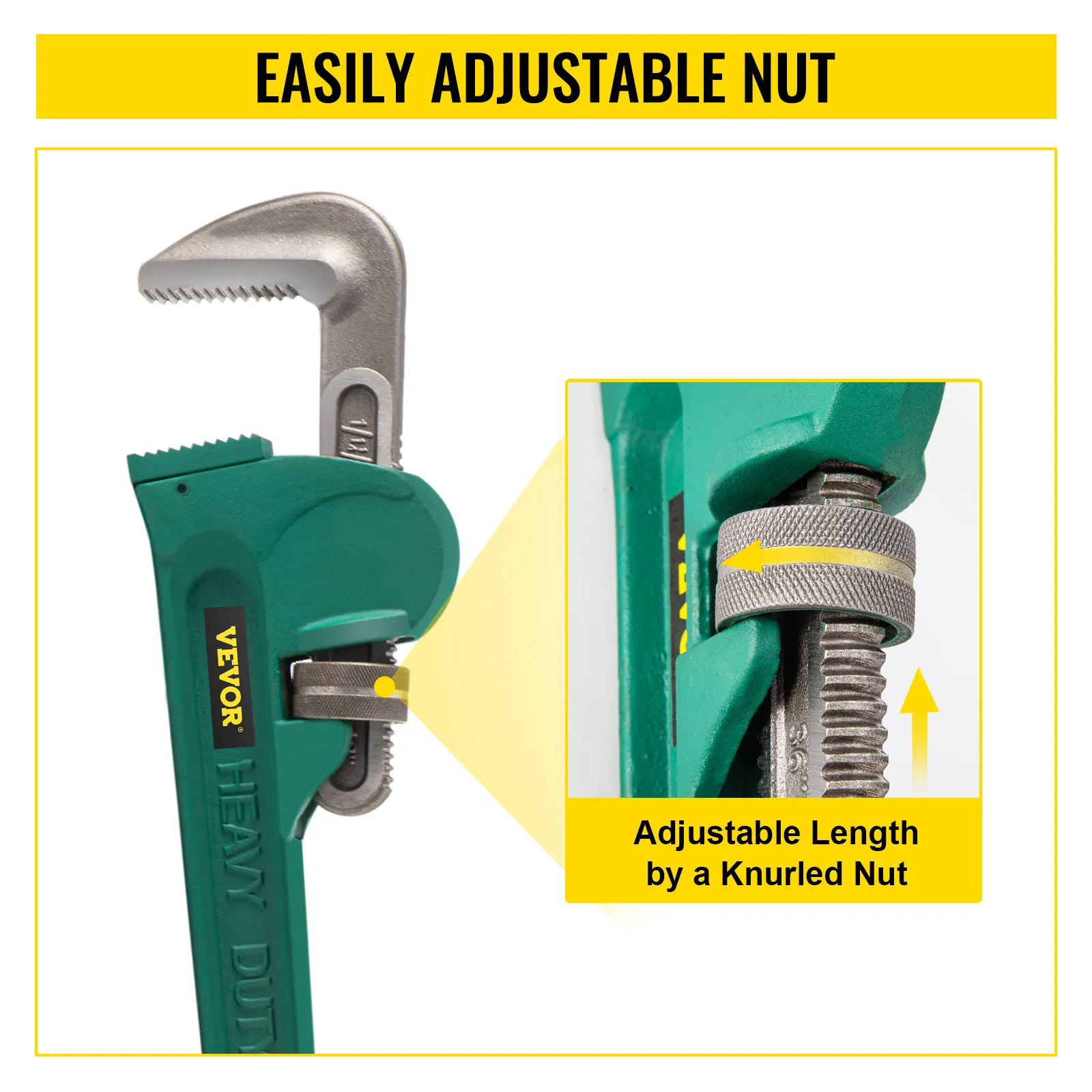 VEVOR pipe wrench with easily adjustable knurled nut for flexible use.