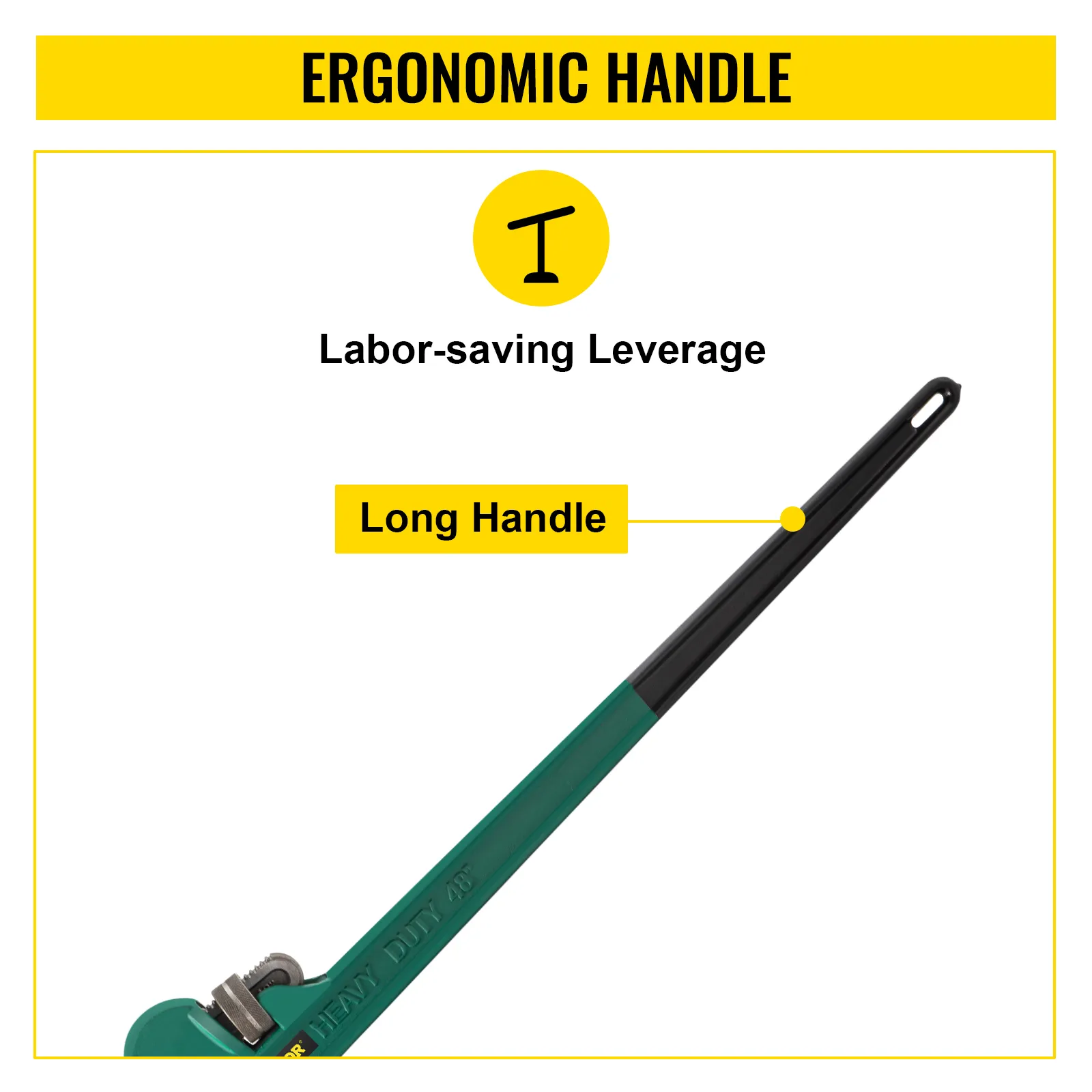 VEVOR pipe wrench with ergonomic handle, long handle, and labor-saving leverage.