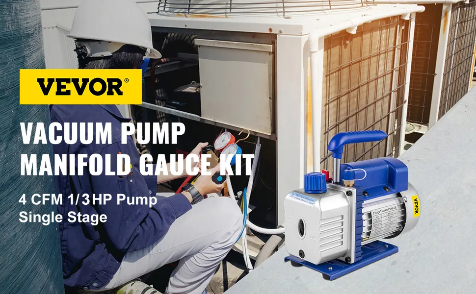 tecnico che utilizza il kit manometro per pompa a vuoto VEVOR per la manutenzione del sistema HVAC.