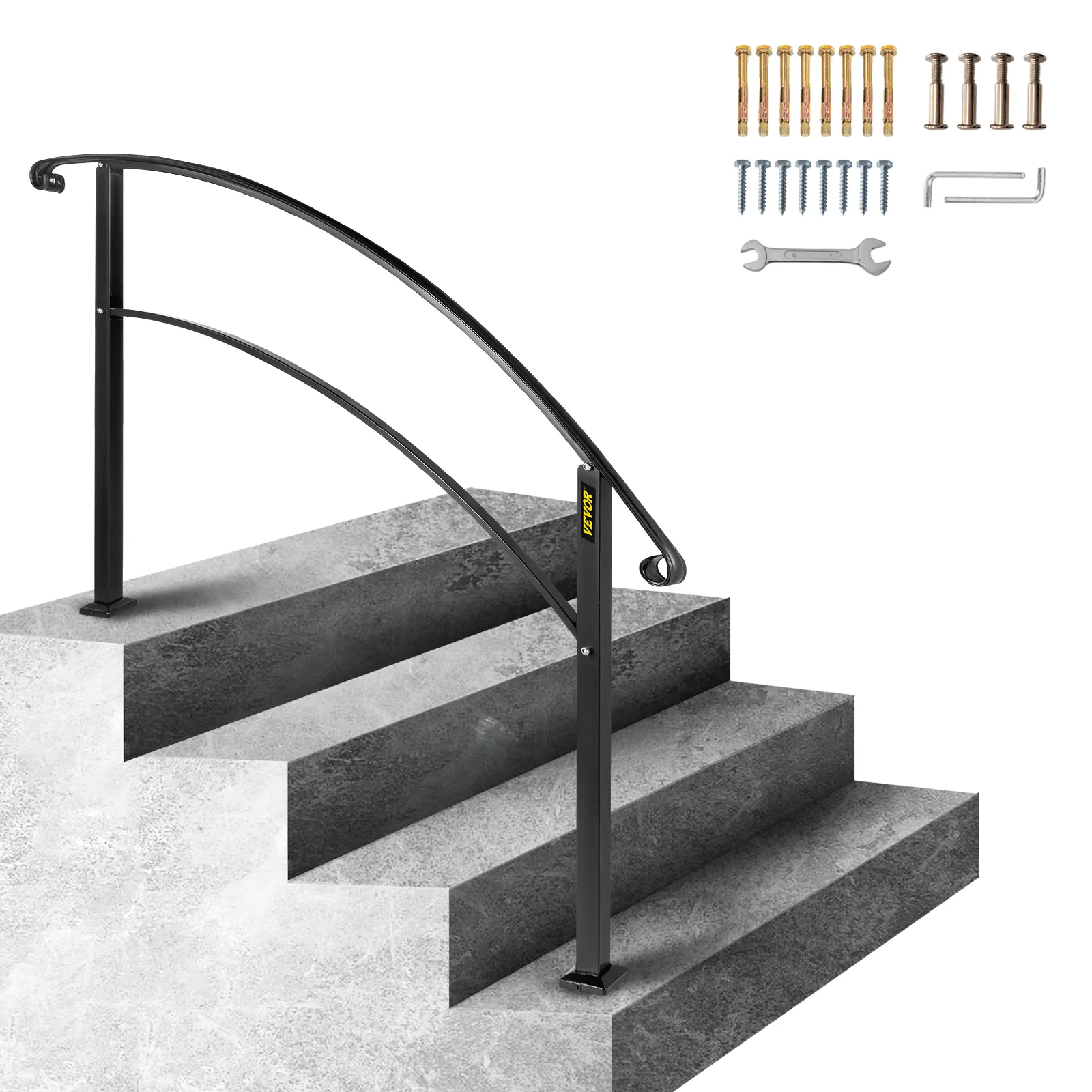 Pasamanos VEVOR de 4 peldaños en escaleras de hormigón con herrajes de instalación.