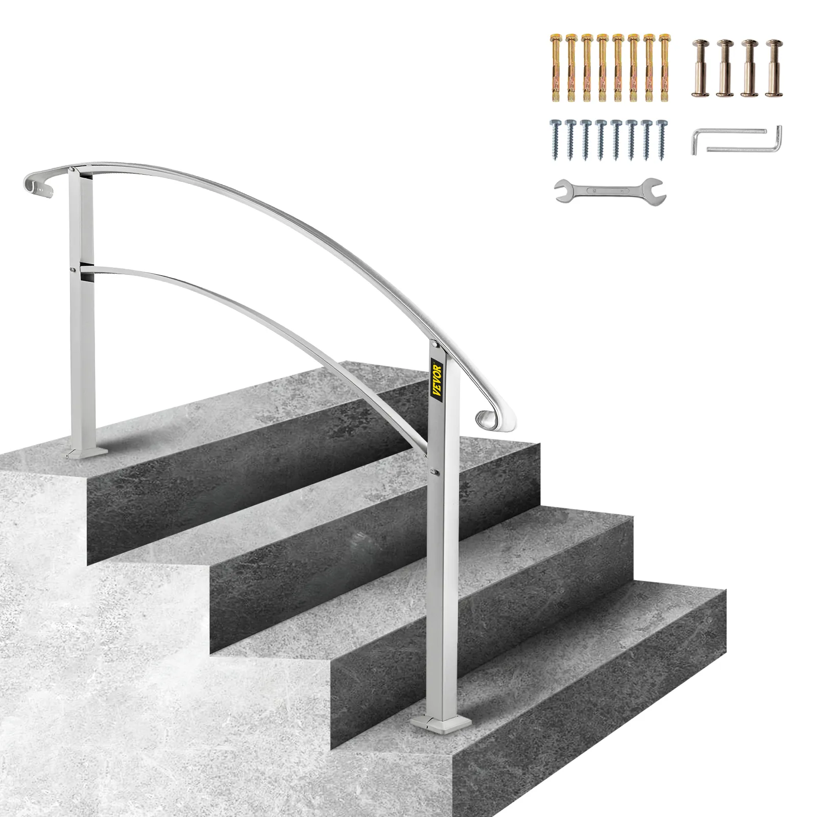 VEVOR outdoor handrails on concrete steps with installation hardware set.