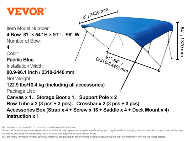 VEVOR bimini top boat cover, pacific blue, 4 bow, 8'l x 54"h x 91"-96"w, 90.9-96.1" installation width.