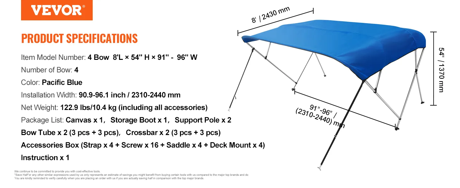 VEVOR bimini top boat cover, pacific blue, 4 bow, 8'l x 54"h x 91"-96"w, 90.9-96.1" installation width.