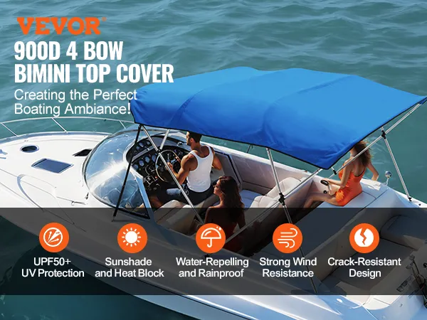 VEVOR bimini top boat cover on a white boat with blue fabric, offers uv protection, sunshade, and rainproof.