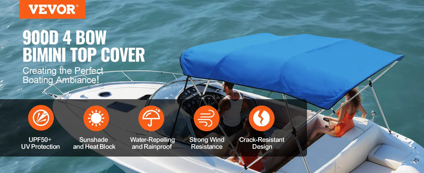 VEVOR bimini top boat cover on a white boat with blue fabric, offers uv protection, sunshade, and rainproof.