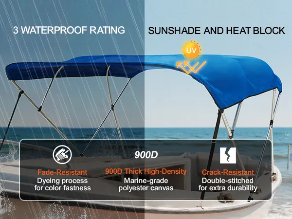 VEVOR bimini top boat cover showcasing waterproof rating, uv protection, and marine-grade polyester canvas.