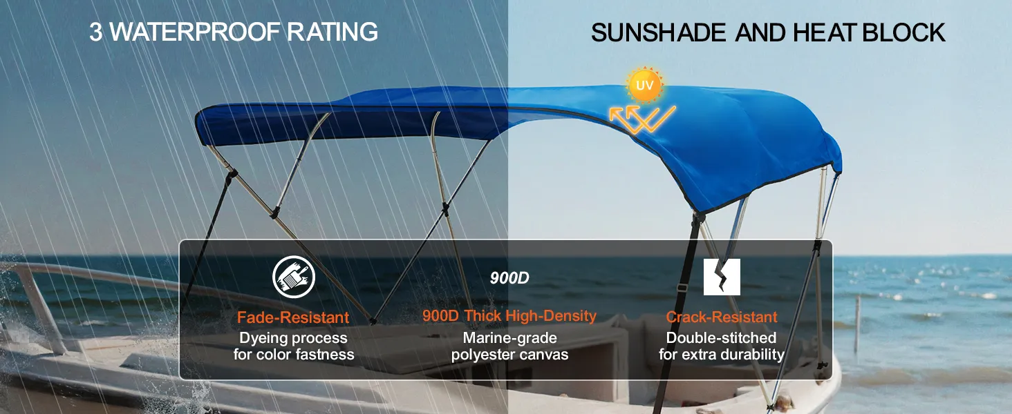 VEVOR bimini top boat cover showcasing waterproof rating, uv protection, and marine-grade polyester canvas.