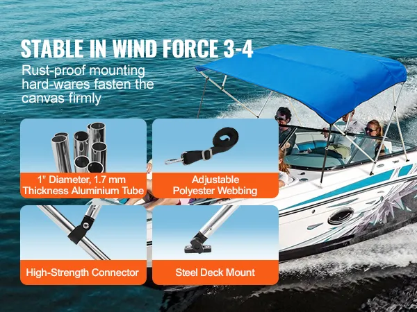 VEVOR bimini top boat cover in use on speedboat with stable mountings and adjustable polyester webbing.