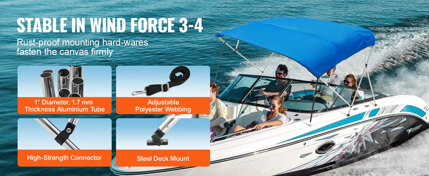 VEVOR bimini top boat cover in use on speedboat with stable mountings and adjustable polyester webbing.