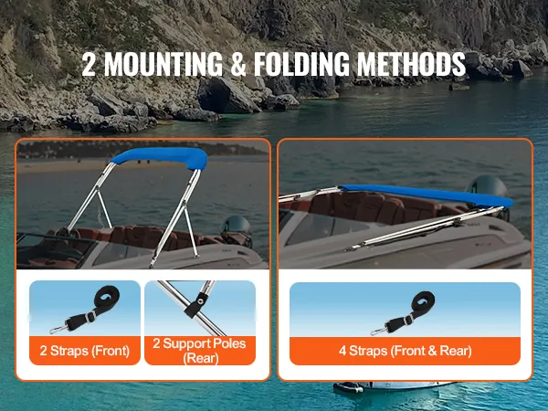2 mounting and folding methods for VEVOR bimini top boat cover displayed on a boat in a scenic bay.