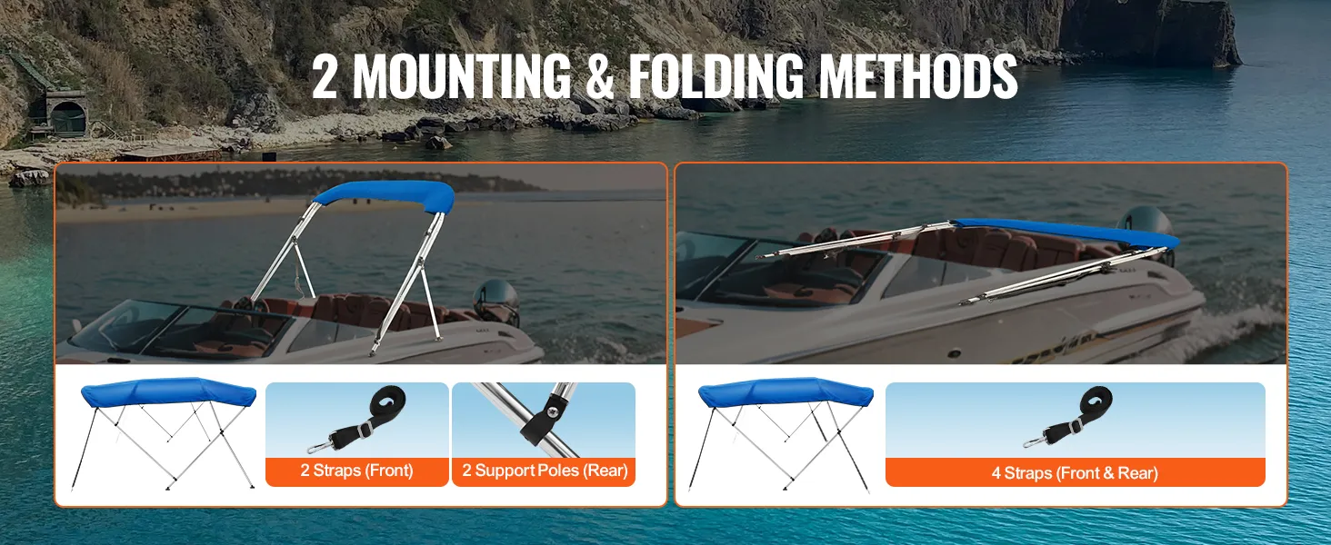 2 mounting and folding methods for VEVOR bimini top boat cover displayed on a boat in a scenic bay.