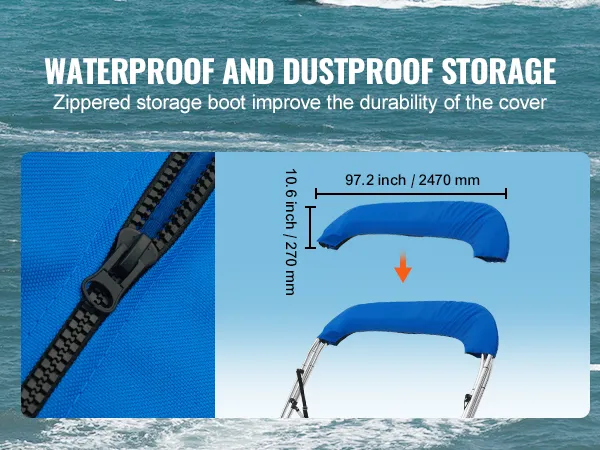 VEVOR bimini top boat cover storage boot, zippered and waterproof for durability, dimensions shown.