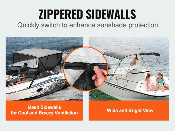 VEVOR bimini top boat cover with zippered sidewalls for enhanced sunshade protection, mesh ventilation, and broad view.