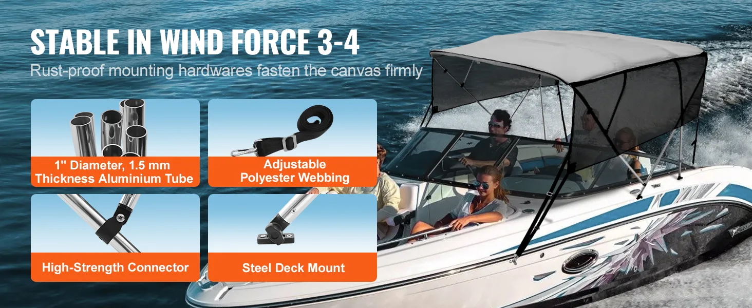 VEVOR bimini top boat cover on white speedboat showing aluminum tubes, polyester webbing, and deck mount