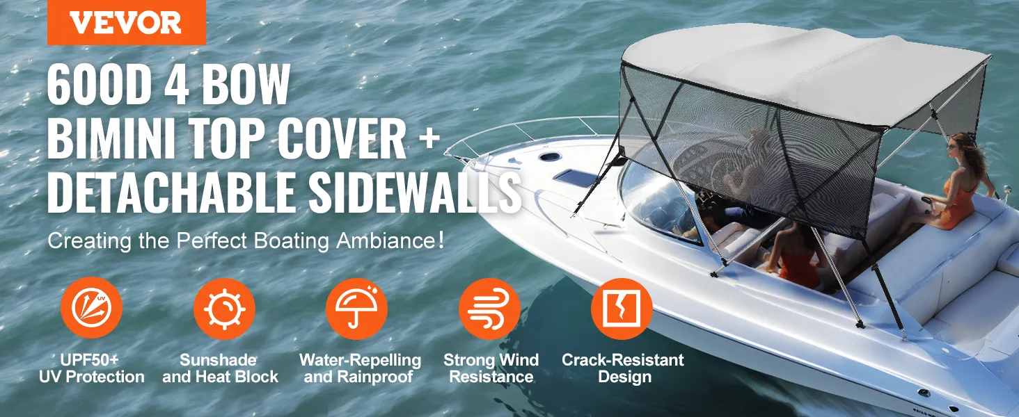 VEVOR bimini top boat cover with detachable sidewalls on a motorboat offering upf50+ sunshade and heat block.