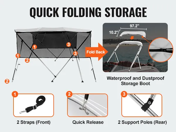 quick folding storage for VEVOR bimini top boat cover, showing straps, support poles, and storage boot.