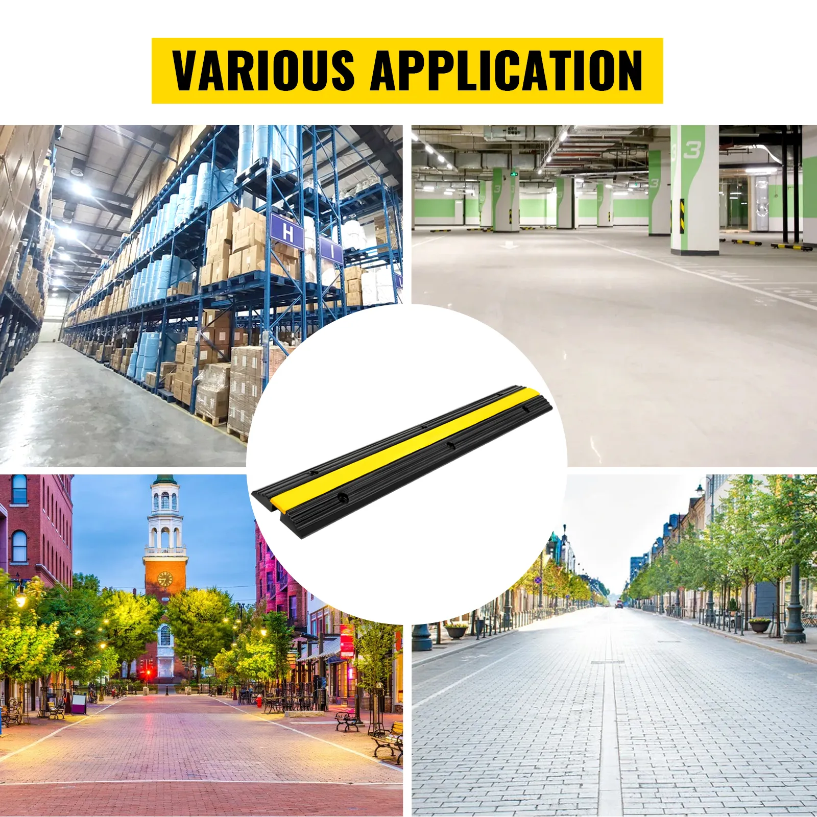 VEVOR cable protector ramp in warehouse, parking garage, city street, and outdoor plaza.