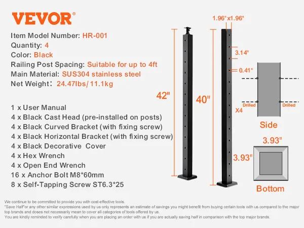 VEVOR cable railing post, hr-001, 4-pack, black, sus304 stainless steel, 42"x3.93"x3.93", 24.47lbs.