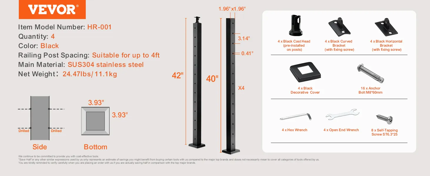 VEVOR cable railing post, hr-001, 4-pack, black, sus304 stainless steel, 42"x3.93"x3.93", 24.47lbs.