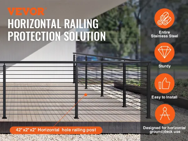 VEVOR cable railing post on a modern deck, showcasing horizontal stainless steel protection.