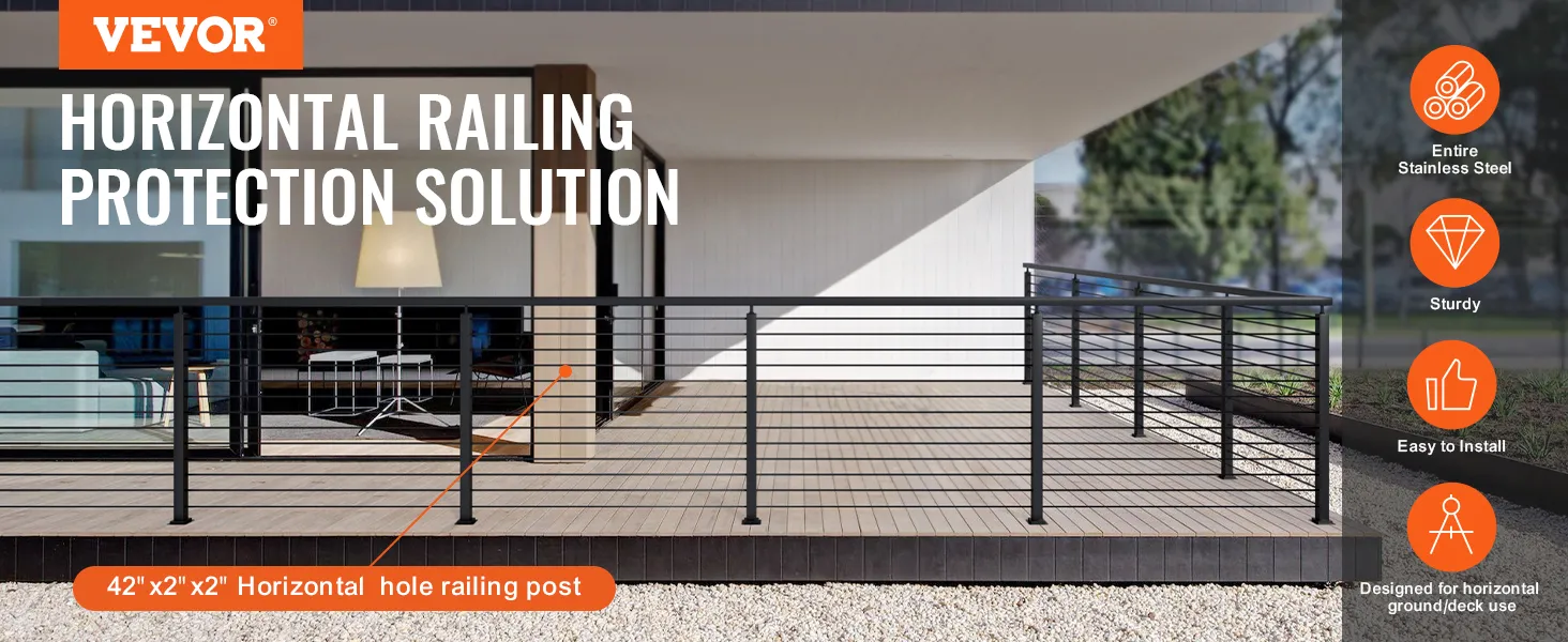 VEVOR cable railing post on a modern deck, showcasing horizontal stainless steel protection.