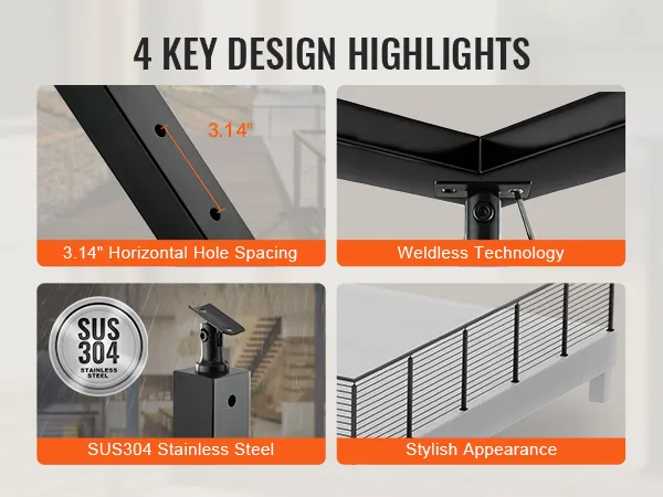 4 key highlights of VEVOR cable railing post: 3.14" hole spacing, sus304 stainless steel, weldless tech, stylish design.