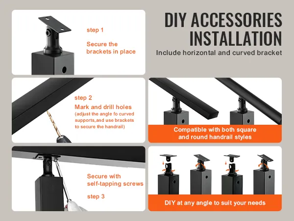 VEVOR cable railing post installation steps with brackets, drilling, and screws for square and round handrails.