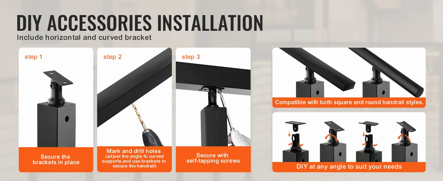 VEVOR cable railing post installation steps with brackets, drilling, and screws for square and round handrails.