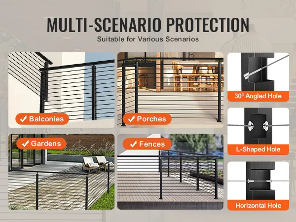 VEVOR cable railing post for balconies, porches, gardens, and fences, offering multi-scenario protection.