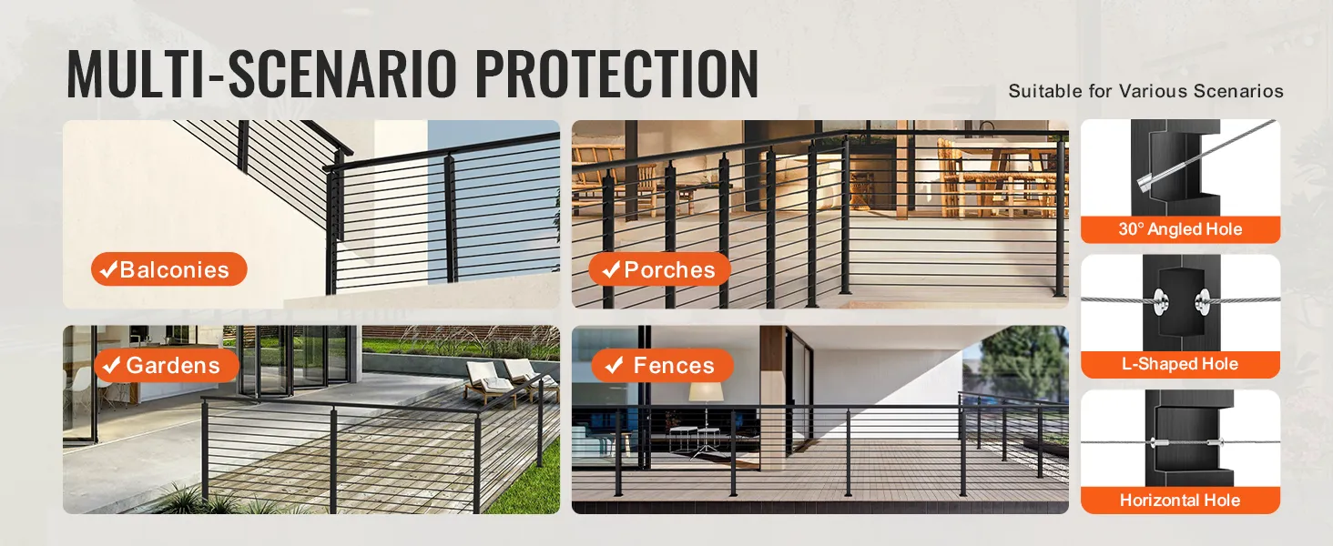 VEVOR cable railing post for balconies, porches, gardens, and fences, offering multi-scenario protection.