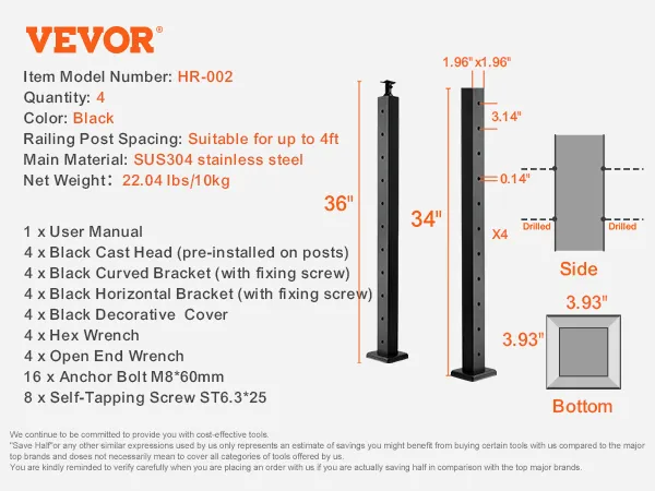 VEVOR cable railing post, black sus304 stainless steel, 10 holes, 34-36" height, 4 curved brackets.