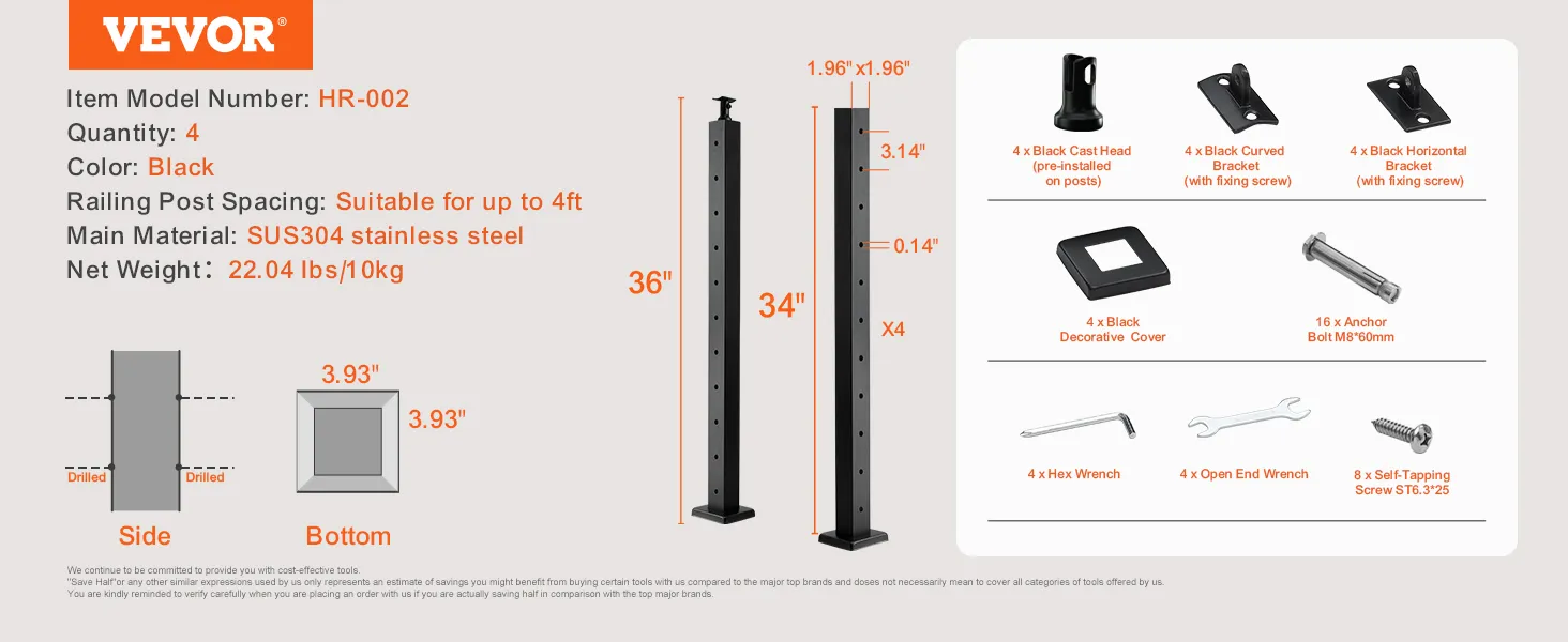 VEVOR cable railing post, black sus304 stainless steel, 10 holes, 34-36" height, 4 curved brackets.
