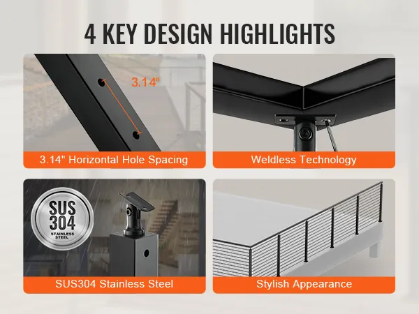 VEVOR cable railing post showcasing 3.14" hole spacing, sus304 stainless steel, weldless technology, stylish look.