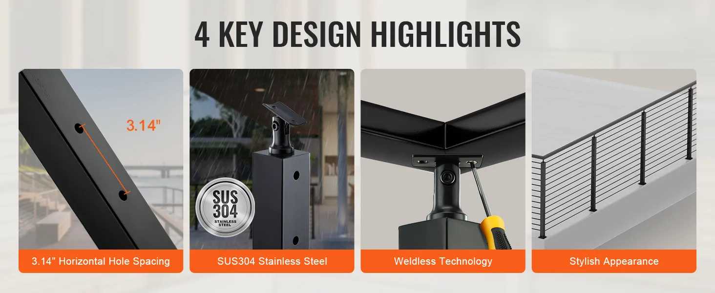 VEVOR cable railing post showcasing 3.14" hole spacing, sus304 stainless steel, weldless technology, stylish look.