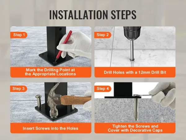 VEVOR cable railing post installation steps: mark locations, drill holes, insert screws, tighten and cap.